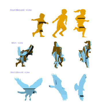 Joe Norman's latest public art project is in-the-works for Golden, Colorado, Installation is slated for Spring 2019, on hwy 93 across from the North Table Mountain trail head. Shown here are the latest scale prototypes and engineering drawings for the sculptures. The composition depicts three running children or a red-tailed hawk in flight depending on the viewed angle. We're excited by Joe's diverse exploration of material and imaginative approach to varied subject matter. From word play, to morphing silhouettes; magnified microcosms to figurative renderings from reclaimed bicycle parts, Joe fills the public space with a bit more wonder through sophisticated form. His work  makes interaction unavoidable and we're pleased to add him to our team.  Smaller works are also available for the home collector. You'll start seeing his sculpture at Columbine Gallery and in the National Sculptors' Guild sculpture garden by mid-October, and can start ordering online now.... click here to shop