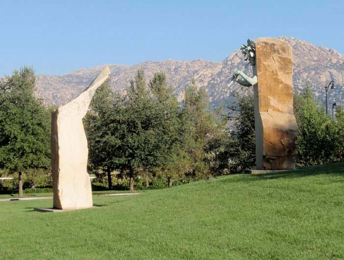 Update 2003-Present: More recent images show nature's changes made to the sculpture's patinas following area wildfires. We wish everyone safety when these unfortunate fires spark up. The beauty of the art, the land, and the people prevail.

A large-scale art placement was created for the Barona Band of Mission Indians by the NSG design team: Denny Haskew, lead artist; John W. Kinkade, JK Designs, Principal; Greg Hebert Landscape Architect; and Beaver Curo, representative of the Barona Tribe, 1997