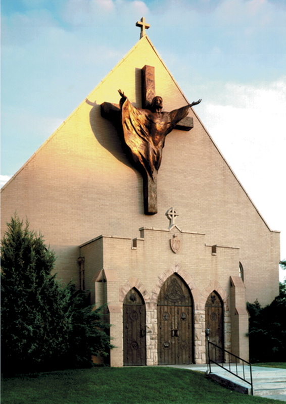 National Sculptors' Guild public art placement 8 Denny Haskew's 14ft tall Bronze High Relief Love and Forgiveness Trinity Episcopal Church facade, Greeley, Colorado 1994. NSG public art placement 8  Denny Haskew and the National Sculptors' Guild's 14ft tall Bronze High Relief 