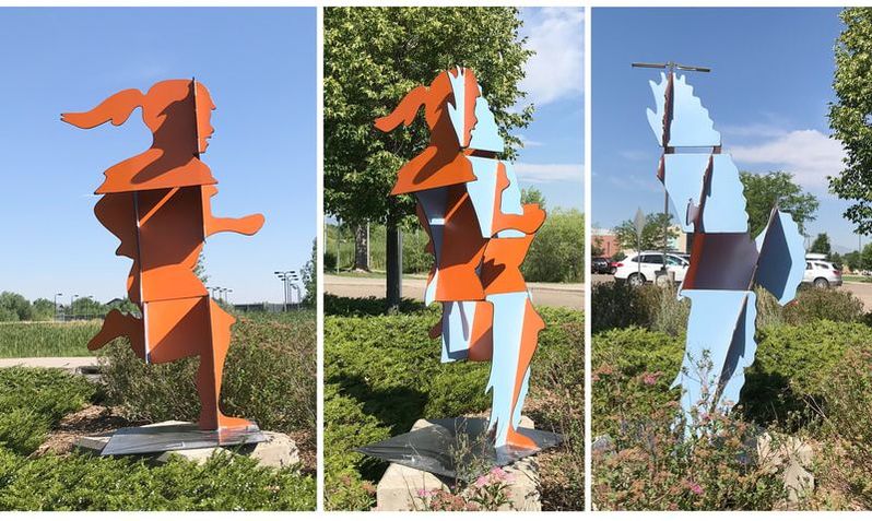 Joe Norman's latest public art project is in-the-works for Golden, Colorado, Installation is slated for Spring 2019, on hwy 93 across from the North Table Mountain trail head. Shown here are the latest scale prototypes and engineering drawings for the sculptures. The composition depicts three running children or a red-tailed hawk in flight depending on the viewed angle.  We're excited by Joe's diverse exploration of material and imaginative approach to varied subject matter. From word play, to morphing silhouettes; magnified microcosms to figurative renderings from reclaimed bicycle parts, Joe fills the public space with a bit more wonder through sophisticated form. His work  makes interaction unavoidable and we're pleased to add him to our team.  Smaller works are also available for the home collector. You'll start seeing his sculpture at Columbine Gallery and in the National Sculptors' Guild sculpture garden by mid-October, and can start ordering online now.... click here to shop