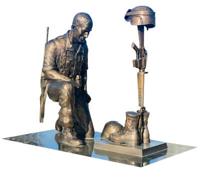 The National Sculptors' Guild has been selected by the City of Paramount, California to update their Armed Forces Plaza to include the new branches.   A life-sized kneeling soldier pays tribute at the foot of a Fallen Soldier cross. This bronze sculpture will be placed in the center of a circular plaza, facing in the direction of the Veteran's Memorial sculpture 