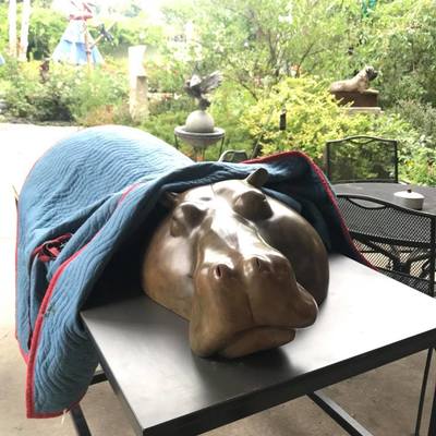 Update 08/23/2018: 
Our Hippo friend Roundbottomus Hippopotamus #bronze by Tim Cherry took a snooze under #BlueNorth in the National Sculptors' Guild #sculpturegarden after a busy summer greeting people and enjoying the great amenities at Embassy Suites by Hilton Loveland Hotel Conference Center & Spa. She’s now ready for a drive to her new home in #LittleRock thanks to Sculpture at the River Market
.
You can see we are delivering some Little (big) Rocks to Little Rock and our #zen tea master #Sculpture Afternoon Sun by Dee Clements is joining them. Plus a few paintings. Thanks for loving Art Little Rock, Arkansas!
.
#RoadTrip #SculptureDelivery #MonumentalSculpture #PublicArt#FeedYourCreativeSpirit #LiveWithArt #NSG #Installation #HippoLove #TimCherry