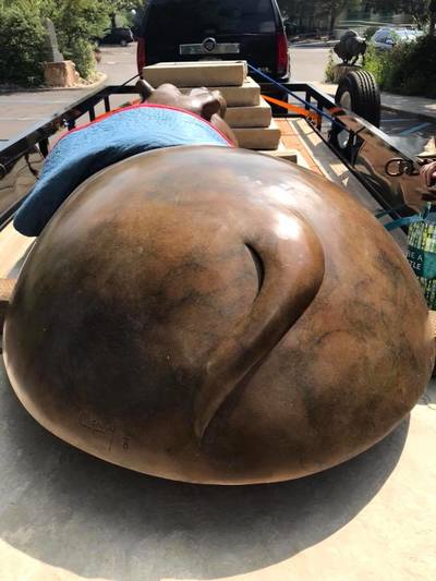 Update 08/23/2018: 
Our Hippo friend Roundbottomus Hippopotamus #bronze by Tim Cherry took a snooze under #BlueNorth in the National Sculptors' Guild #sculpturegarden after a busy summer greeting people and enjoying the great amenities at Embassy Suites by Hilton Loveland Hotel Conference Center & Spa. She’s now ready for a drive to her new home in #LittleRock thanks to Sculpture at the River Market
.
You can see we are delivering some Little (big) Rocks to Little Rock and our #zen tea master #Sculpture Afternoon Sun by Dee Clements is joining them. Plus a few paintings. Thanks for loving Art Little Rock, Arkansas!
.
#RoadTrip #SculptureDelivery #MonumentalSculpture #PublicArt#FeedYourCreativeSpirit #LiveWithArt #NSG #Installation #HippoLove #TimCherry