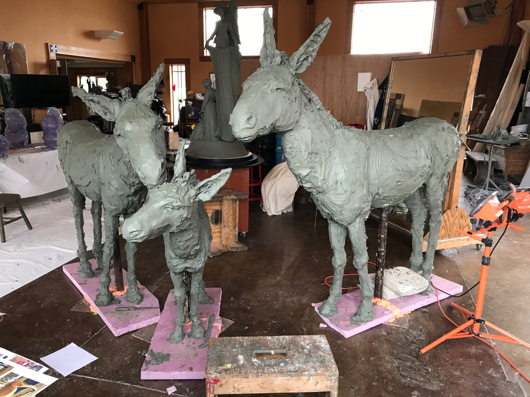 Update 2/20/2019: Jane has been busy adding clay to the armatures and the clay enlargement is nearly complete. They are coming to life and showing so much personality.  We are thrilled to have a new project with the City of Southlake. This time it's a fun homage to the burros that called the area being developed home: 