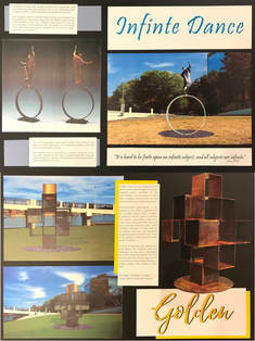 The next Sculpture at the River Market competition winner will be selected April 27th With 2 of the 3 finalists, we can't wait to see who Little Rock picks. Here are our entries... ​ Carol Gold's proposal is INFINITE DANCE, Inspiration springs from notions of equilibrium and transformation, ideas that are necessary for the sustained health of society The joyfully dancing figure represents the vibrant cultural scene of the Riverfront Park. The sculpture’s ring shape ties into the curving bridges surrounding the site. The shape of a circle holds deep symbolism, referring to concepts such as: inclusion, unity, and wholeness.  Stephen Shachtman's GOLDEN becomes an interactive form as the viewer sees through the various negative space 