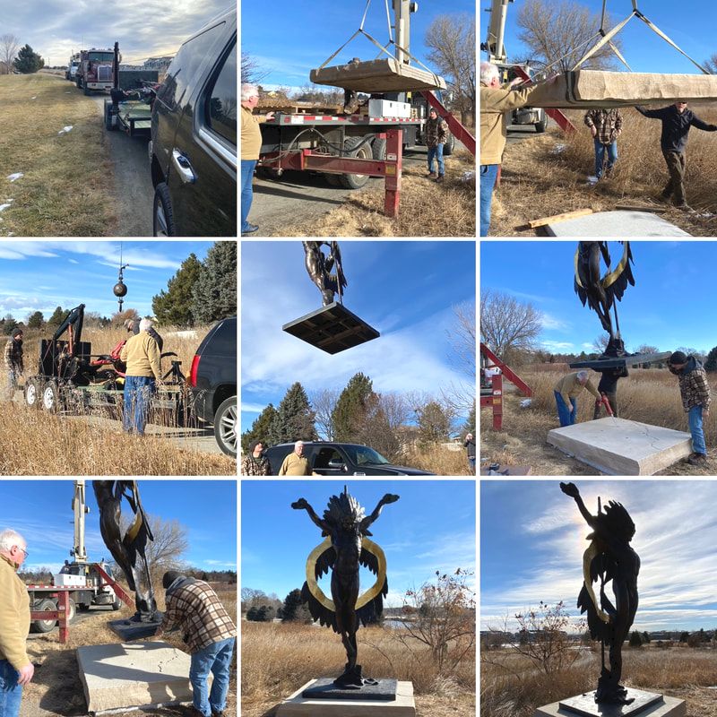 The National Sculptors' Guild installed Charter Member, Denny Haskew's bronze sculpture 'Committed' at the Josephine B. Jones Park and Open Space in Greeley, Colorado this morning. The sculpture was donated to the site by NSG Director, John Kinkade, in honor of his parents, Jack and Ditto Kinkade, long-time, beloved residents of Greeley who frequently donated their time and services to the community.  Kinkade was instrumental in the creation of the park 30+years ago in the name of close family friend Josephine Jones, a true pioneer of the region who enriched the community in cultural events, historic preservation, and as an avid proponent of natural spaces;  many of the trees in the open space were planted as saplings by Jones.   The 11-ft tall bronze is enhanced with gold leaf on the sash. We've mounted the sculpture to a 1-ft tall sandstone base that is inscribed: 